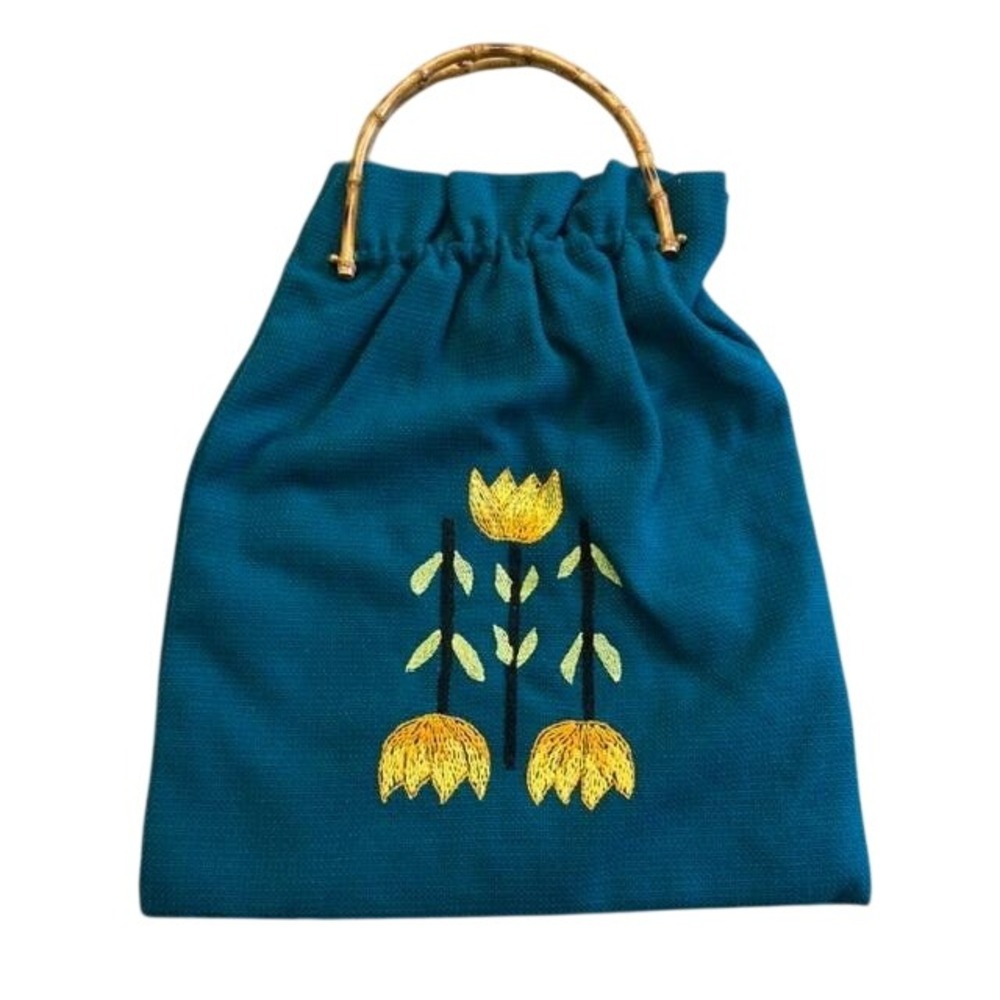 Vintage 60s Teal Woven Bamboo Handle Embroidered Floral Handbag Pouch 13x19 Boho